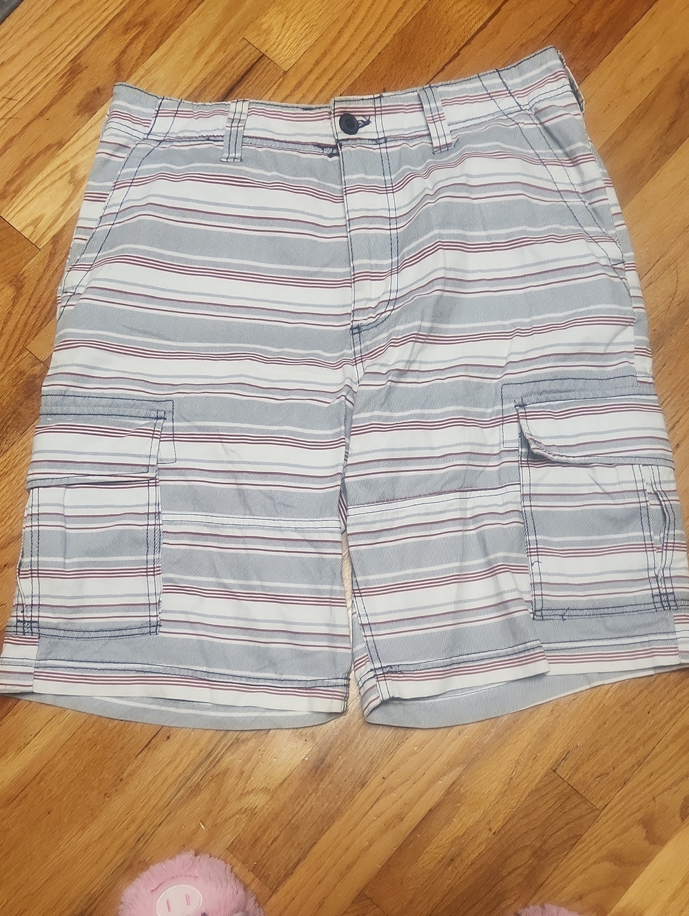 Men's Striped Cargo Shorts - Grayish Blue with White & Red Stripes, 34, EUC